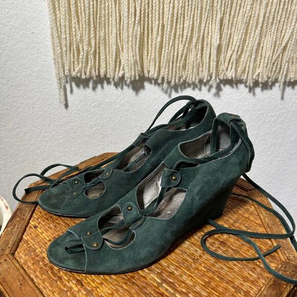 J CREW Green Suede Peep Toe Tie Lace Up Leather Suede Wedge Sandals 8,5 - Picture 6 of 8